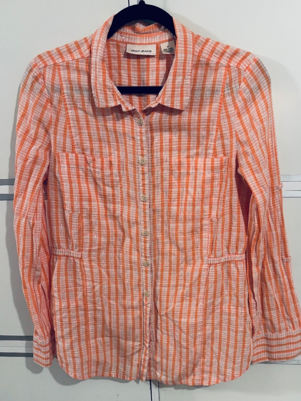 DKNYJeans Women’s Button Down Shirt White/Orange Stripes Sz Medium